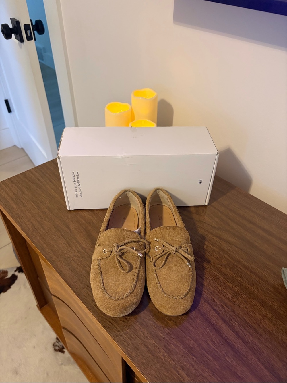H&M Tan Suede Moccasin Loafers with Bow Detail